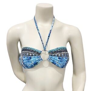 True Colors by La Moda Blue Bandeau Halter Bikini Top Ring Front Sz M